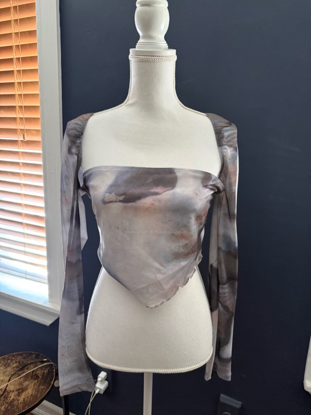 SHEIN Taupe Marble Sheer Long-Sleeve Handkerchief Hem Top